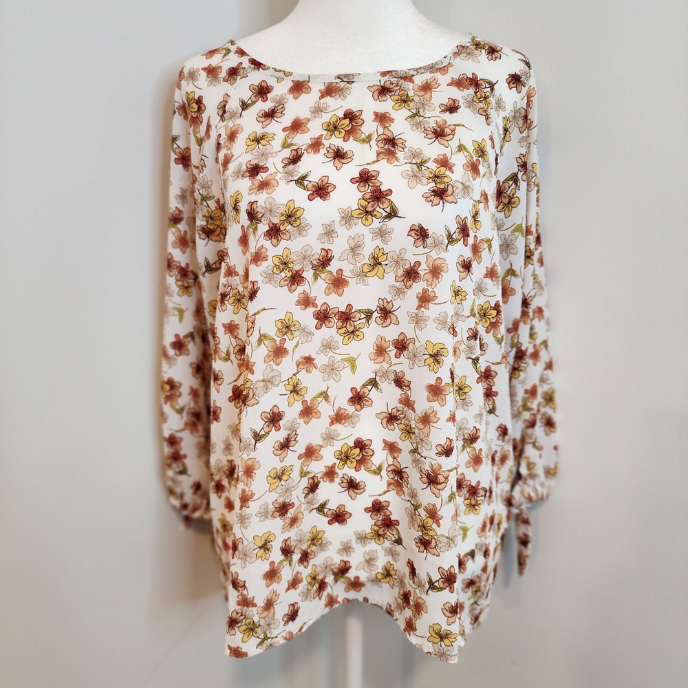 Papermoon Womens Large Cream Lari Blouse Warm tone Floral Rear Zip Scoop Neck